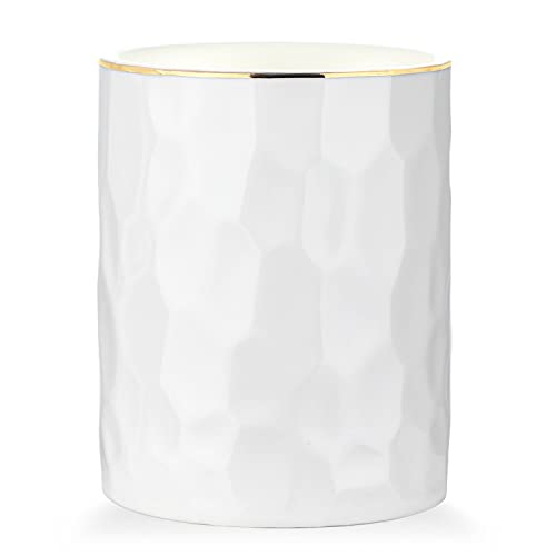 WHJY Ceramic White Pencil Cup, Makeup brushes Holder, Gold Pen Holder for Desk Cute Small Boho Brush Holder, Modern Geometry Design Pen Holder