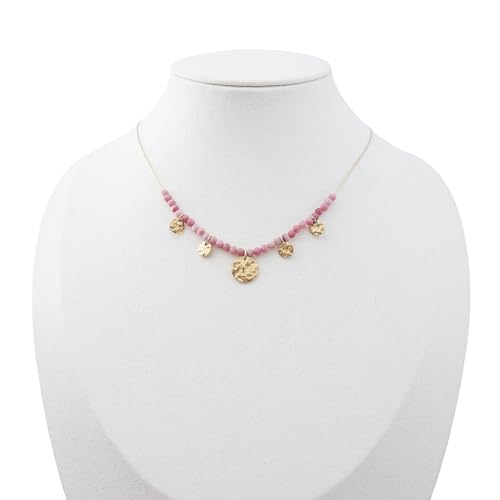 Collier ras-de-cou pampilles en rhodonite et acier doré durable