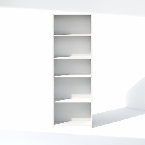 Image of Furinno GEHRY DVD Shelf, 5-Tier CD Rack, Media Shelf with Adjustable Shelves, DVD Storage Cabinets for CD Bluray Game Disc, Easy Assembly, for Living Room, Home Office, White