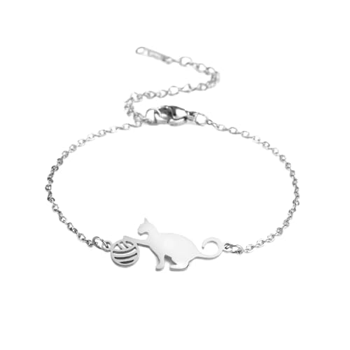 TEAMER Pulsera de acero inoxidable del gato Crescent Moon Cute Cat pulsera mentir pulsera del gato de doble capa de cuentas cadena pulsera Cat Lover joyería para las mujeres (Gato y Bola   Plata)