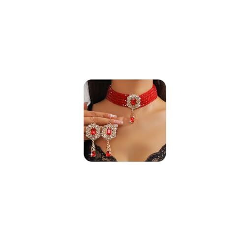 Octwine Boho Gold Silver 1920s Layered Pearls Necklace Teardrop Earrings Set for Women Trendy Retro Black Necklace Dainty Bride Wedding Crystal Rhinestones Pearls Necklace Earrings Set for Women