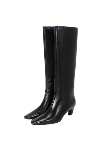 Women Black Knee High Boots Square Toe Low Heel Tall Boots2