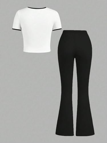 Image of SOLY HUX Girl's Summer 2 Piece Outfits Graphic Letter Print Tee Shirt and Flare Pants Clothing Sets Black and White 11Y
