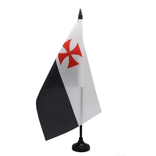 AZ FLAG - Drapeau De Table Ordre du temple Croisades 21x14 cm - Petit Drapeau Des Templiers De Bureau 100% Polyester Avec Hampe De 25cm Et Socle En Plastique...