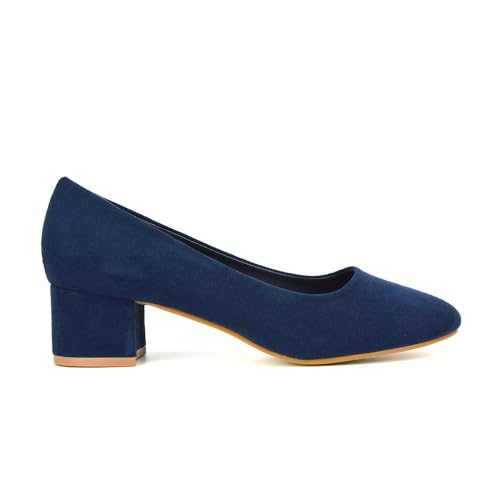 Women's Low Heel Court Shoes Ladies Slip On Formal Office Evening Party Bridal Block Heeled Navy Faux Suede Shoes Size 5