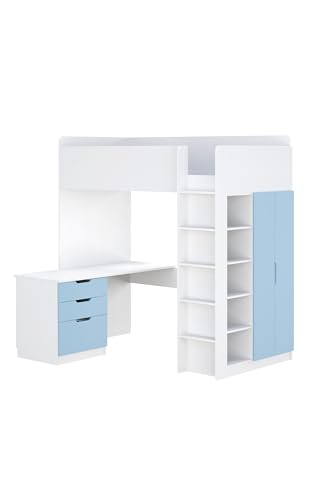 Shefa Kids Hochbett Mit Schreibtisch - Platzsparendes 5-in-1 Hochbett Kinder Mit Treppe, Kleiderschrank, Regal & Arbeitsbereich - Blau, Belastbar Bis 90 Kg, Maße: 206 x 107 cm