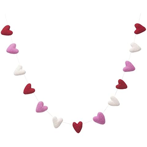 Glaciart One Felt Heart Garland - Pom Pom Garland – 5 Feet, 13 Hearts, 3 Valentines Colors, Pom Pom Decorations, Nursery Decor, Bunting, Birthday Party Decorations, Carnival, Photo Prop Cover