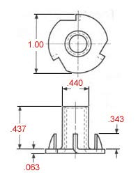 T-NUT 3/8-16 X 7/16" Length, 4 Prong, Steel, Press-in Threaded Insert for Wood OR Plastic. (Pack of 50)