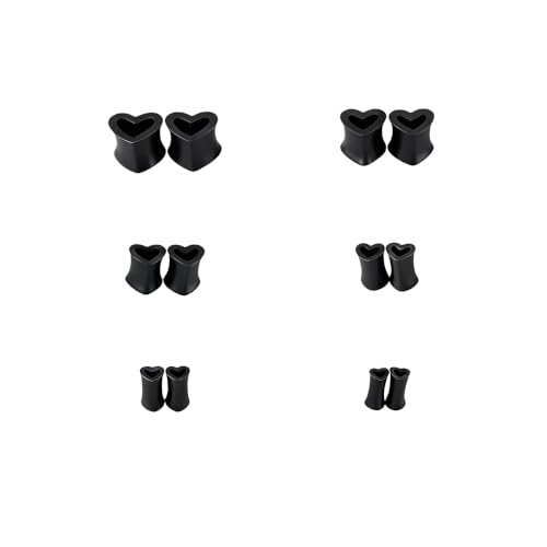 NewZenro Heart Silicone Ear Tunnel Plugs Gauges Expanders Hollow Flexible Soft Tunnels Kit Stretcher Earrings Fashion Lobe Piercing Body Jewelry for Women Her 6 Pairs Set (Black, 4mm-12mm)