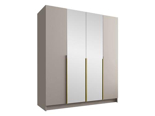 Mirjan24 Kleiderschrank mit Spiegel, Einlegeböden und Kleiderstange Salkor II, Vielseitiger Drehtürenschrank, Elegantes Kleiderschrank 4-türig (Cashmere/Cashmere + Gold)