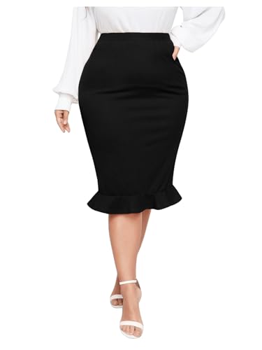 Floerns Women's Plus Size Elegant High Waisted Midi Skirts Ruffle Office Work Pencil Skirt