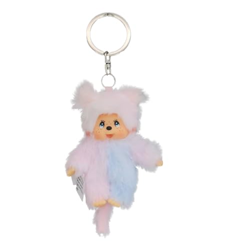 Sekiguchi 243952 - Original Monchhichi Mädchen Tie Dye als Schlüsselanhänger Kuscheltier in Rosa-Blau ca 10 cm großer Anhänger aus Plüsch