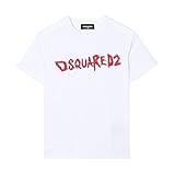 T-shirt Dsquared da bambina a tinta unita in colorazione bianco con grande stampa del brand sul davanti in contrasto di colore