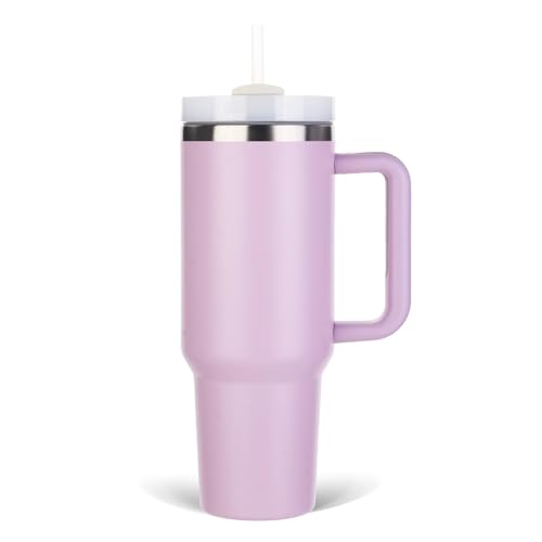 SCORATE 40 oz Tumbler with Handle, Insulated Tumbler with Lid and Straw Leak Proof, Reusable Stainless Steel Vacuum Insulated Bottle Travel Mug Cup Maintains Cold Ice and Heat for Hours (Lilac)