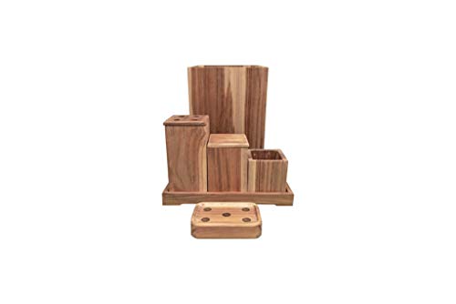 EcoDecors, Eleganto, 8 Piece, Teak Wood Bathroom Amenities Set, Teak Bath Amenity Set, Bathroom Accessory, in Natural Color