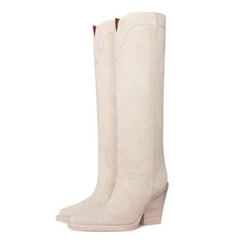 YDN Women Cowgirl Knee High Boots Pointed Toe Long Booties Chunky High Heels Pull On Shoes Party Prom Daily Size 4-16 US3