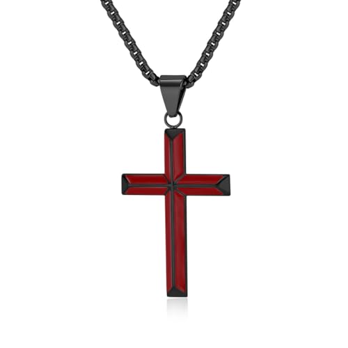 Rnivida Cross Necklace for Men, Silver Black Stainless Steel Beveled Edge Cross Pendant Necklace for Men