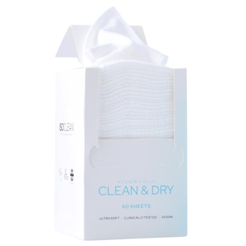 ISOCLEAN Disposable Face Towel - Soft Cotton Dry Wipes for Make-up Removal, Facial Cleansing & Skincare - Dual-Texture Design, Gentle Face Cloth for Sensitive Skin with No Added Fragrance - Box of 60
