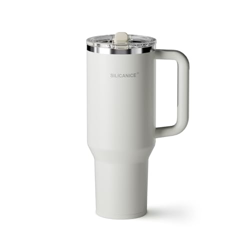 SILICANICE 42 Oz Insulated Tumbler with Detachable Flip Straw Lid, Vacuum insulated Stainless Steel | BPA-Free, Handle & Cupholder Compatible - 24H Cold, Travel/Gym/Office,Cream
