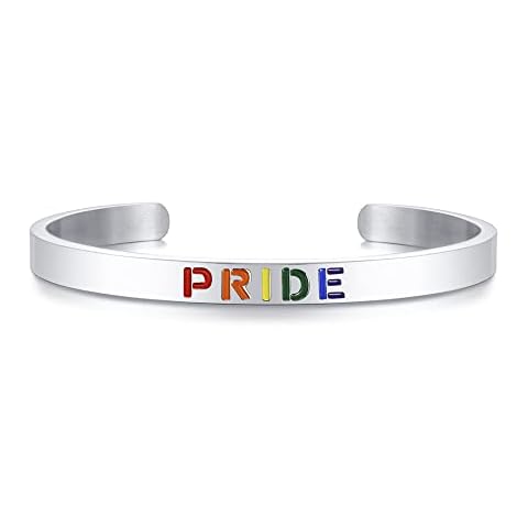 AIKESIWAI Rainbow LGBT Pride Bracelet Gay Pride Bracelet Mens Womens Cuff Bracelet Bestfriend Bracelet Pride stuff for Gay Lesbian and LGBTQ Community members (P-SILVER) Cover