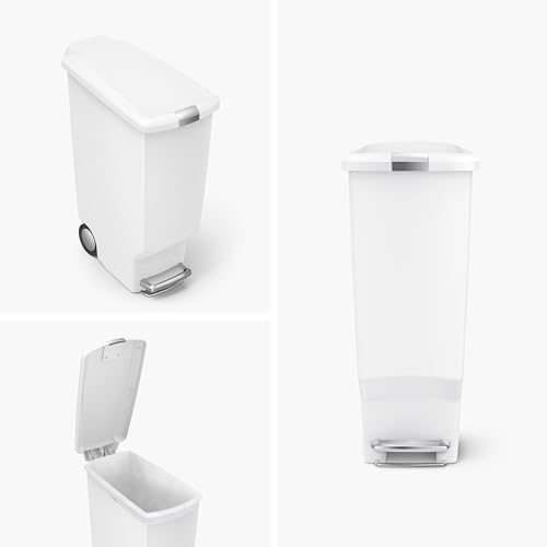 simplehuman 40 Liter / 10.6 Gallon Slim Kitchen Step Trash Can With Secure Slide Lock, White Plastic