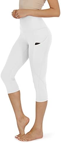 ODODOS Women's High Waisted Yoga Capris with Pockets,Tummy Control Non See Through Workout Sports Running Capri Leggingss, White,X-Large