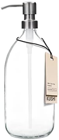 Kuishi Clear Glass Pump Bottle Dispenser [1000ml, Black Pump] Refillable Amber Glass Soap Dispenser Bottle with Stainless Steel Pump, Eco- Friendly (BPA-Free)