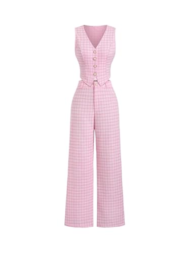 Chic Pink Women's 2 Piece Work Outfits - Stylish Plaid V Neck Crop Top and Wide Leg Pants Set by MakeMeChic, Size Small