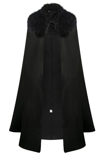 Renaissance Night Black Hooded Cloak Cape with Fur Adult Medieval Costume Wizard Cloak Dark Robe Outfit (Black X-Large)