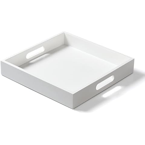 White Wooden Serving Tray with Handles, 12"x12"x2"H Square Countertop Organizer Tray， Decorative Cosmetics Tray for Kitchen, Bathroom, Sturdy Food Tray for Breakfast, Tea Cover