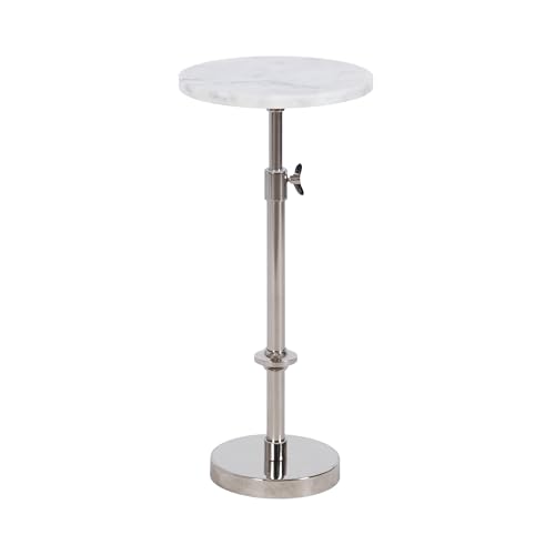 Kate and Laurel Engles Traditional Adjustable-Height Pedestal Drink Table; 10 x 10 x 30; White Marble and Silver Chrome; Vintage Round Indoor Metal Plant Stand with Authentic Marble Tabletop