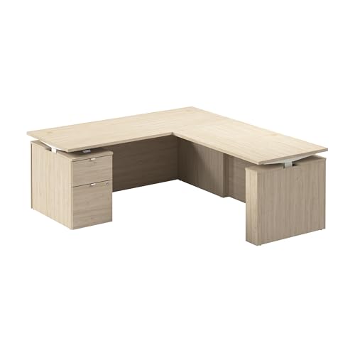 Image of Bush Business Furniture 72-inch Height Adjustable L Shaped Standing Desk with File Cabinet, Ergonomic Sit-Stand Computer Table for Office, Stratus Collection, Natural Elm with White Base