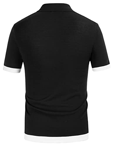 Mens Vintage Striped Knit Polo Shirts 70S Retro Short Sleeve Button Down Golf Polo Shirt Black L #TOP2