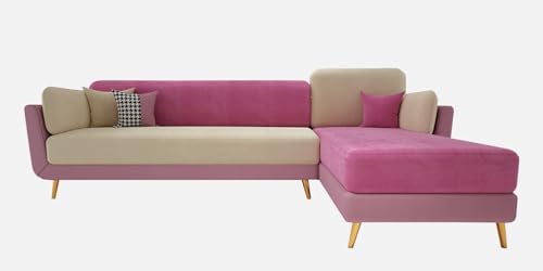 Image of Polyester Velvet Contemperory Sofa Set with Cushion Chaise Lounge, Sectional Sofa Perfect for Your Living Room,Guests Room & Office. (Pink & Beige, 5 Seater)