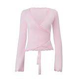 Wickeloberteil Damen Süße Spitze V-Ausschnitt Kreuz Binden Taille Offene Strickjacke T-Shirt Damen Slim Fit Design Sensation Top(L)
