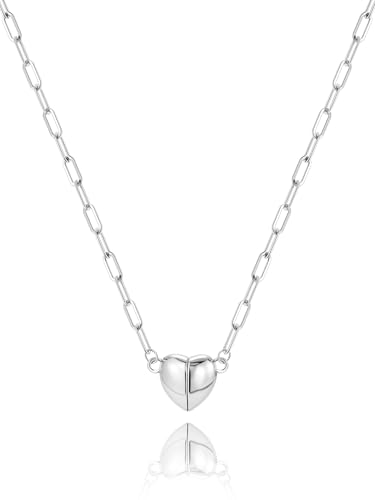 CTEEGN Silver Heart Necklaces for Women, Magnetic Heart Necklace, Dainty Paperclip Chain with Easy-On Magnetic Clasp, Non Tarnish Bubble Heart Pendant, Tiny Everyday New Beginnings Gift for Her