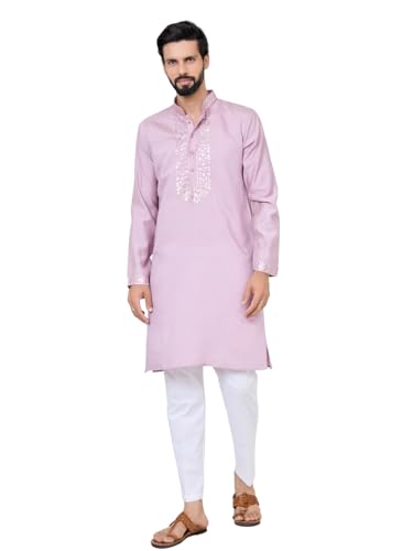 Image of See Designs Men's Full Sleeve Mandarin Collar Sequins Embroidered Chanderi Straight Long Kurta with Yoke Design - Festive Collection