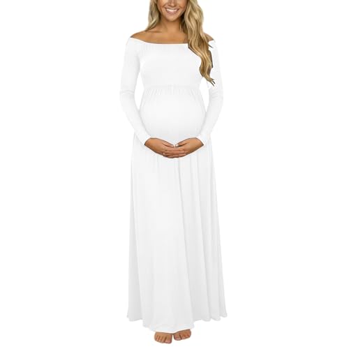 Vestido de embarazo genérico de manga larga con cuello Bardot elástico cómodo, ligero y suave transpirable para mujer embarazada Shooting Maternidad Salida de boda Primavera Verano, blanco, M