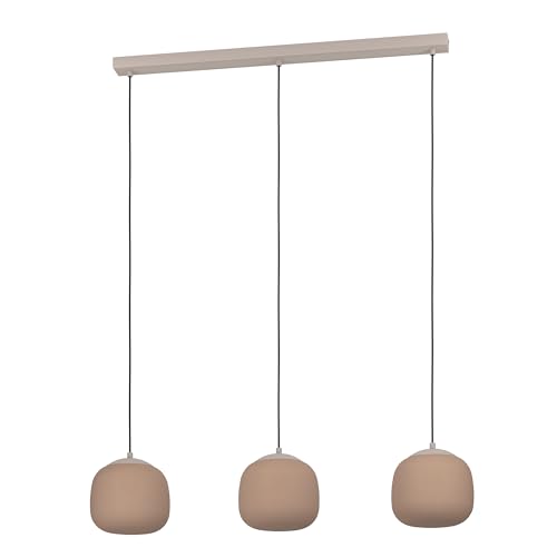 Eglo Lampada a sospensione Cominio, 3 luci sopra tavolo da pranzo, vetro satinato color sabbia e metallo taupe, portalampada E27, 88,5 cm