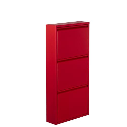 DRW Meuble à Chaussures en métal avec 3 tiroirs en Rouge Mat 50x15x103cm