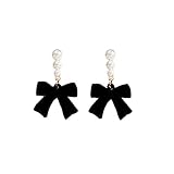 Black Velvet Bowknot Dangle Earrings - Dainty Pearl Earrings for Bride, Wedding, Christmas & Birthday Gifts