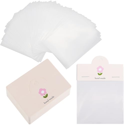 SOFPLATE 120 Sets 2.36 x 3.15 Inch Foldable Jewelry Display Cards Necklace Display Bag Handmade Hanging Paper Header OPP Craft Bags for Showing Bracelets Earrings Rings Keychains Business Package