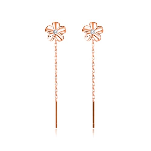 Reffeer Solid 925 Sterling Silver Plumeria Flower Chain Dangle Earrings for Women Teen Girls CZ Flower Tassel Earrings Threader Drops (C-Rose Gold)