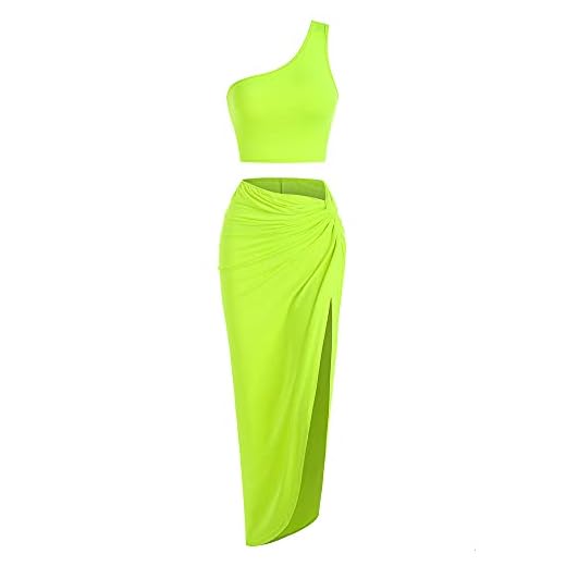 ZAFUL Women's One Shoulder Two Piece Tank Dress Rib-Knit Twist Split Side Slinky Solid Crop Top and Draped Ruched Maxi Skirt Set (M-Neon Green, M)