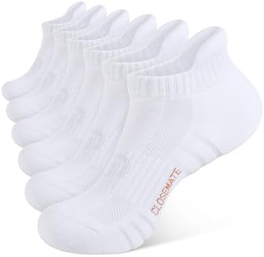 CLOSEMATE Athletic Running Ankle Socks for Men & Women Cushioned Breathable Low Cut Tab Socks with Arch Support 6 Pairs(6White,M)