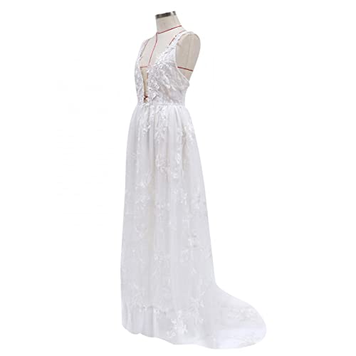 Womens Sexy Wedding Gown V Neck Sleeveless Backless Elegant Cocktail Wedding Guest Dresses Party Sling Long Maxi Dress(White,Xx-Large) #TOP2