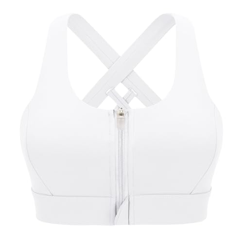 CLOUSPO Women Sports Running Post Surgery Yoga Zip Front Bra High Support Impact Crop Top Padded Cross Back (L, White)