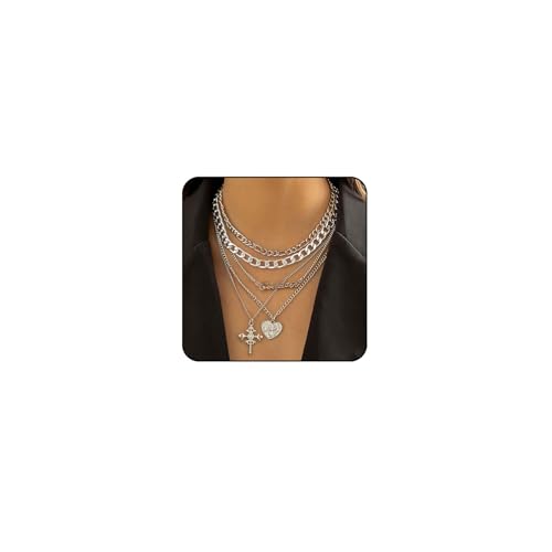 Chunky Gold Necklace Stack Layered Gold Necklaces for Women Non Tarnish Silver Statement Necklace Paperclip Chain Necklace Set Layering Big Heart Coin Cross Necklace Chunky Jewelry