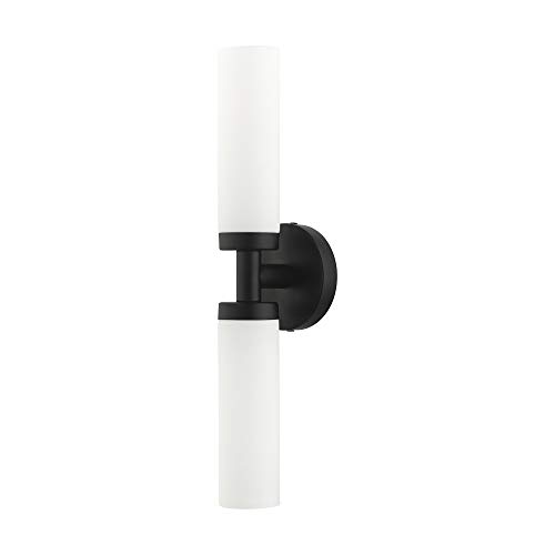 Livex Lighting 10104-04 Aero Collection ADA 2-Light Bathroom Vanity Light with Satin Opal White Glass Cylinder Shades, Black, 18 x 4.25 by Livex - Used condition - Image 2