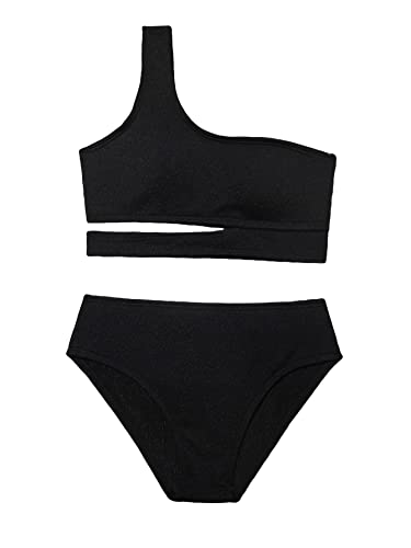 Image of WDIRARA Girl's Cut Out One Shoulder Bikini Swimsuit Bathing Suit 2 Piece Swimwear Black 150